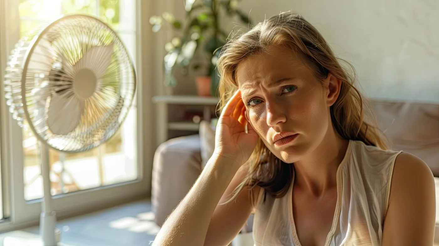 Mujer con sofoco junto a un ventilador